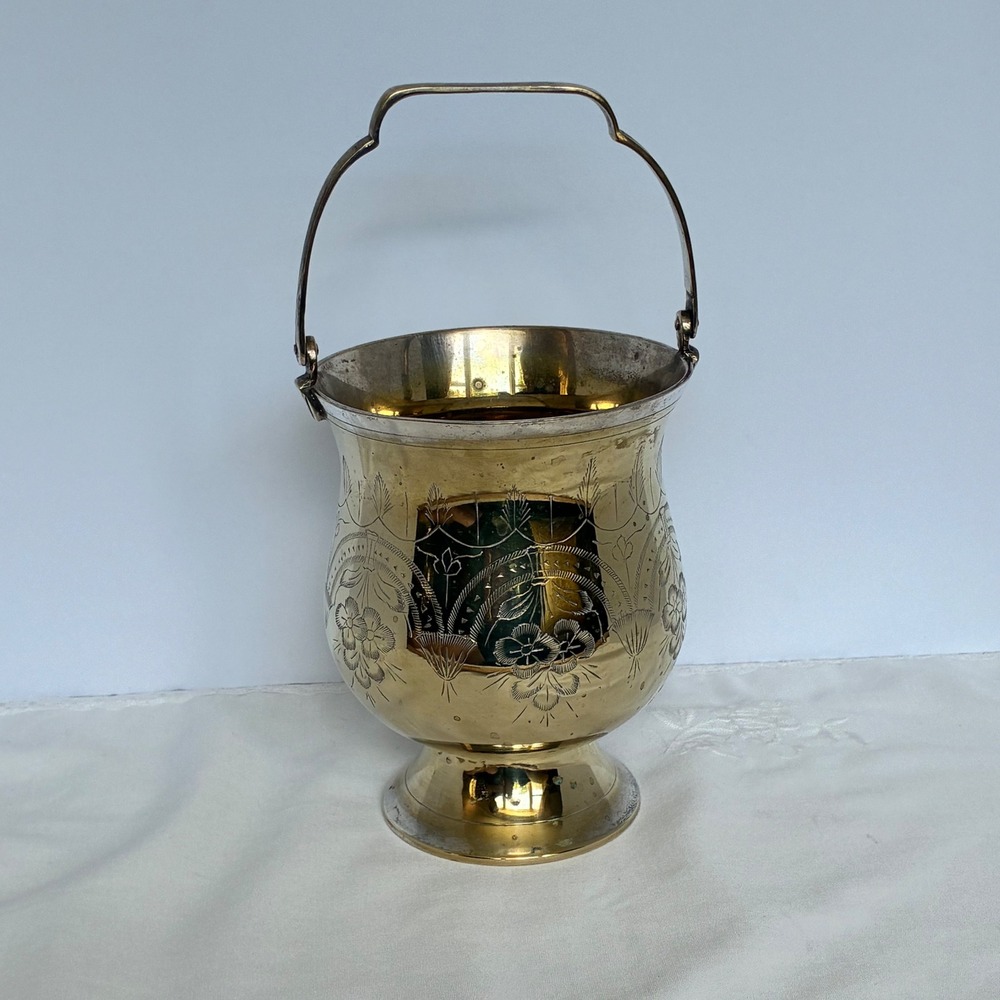 Vtg SilverPlated Brass Etched Floral Ice Bucket Hollywood Regency Grandmillenial
